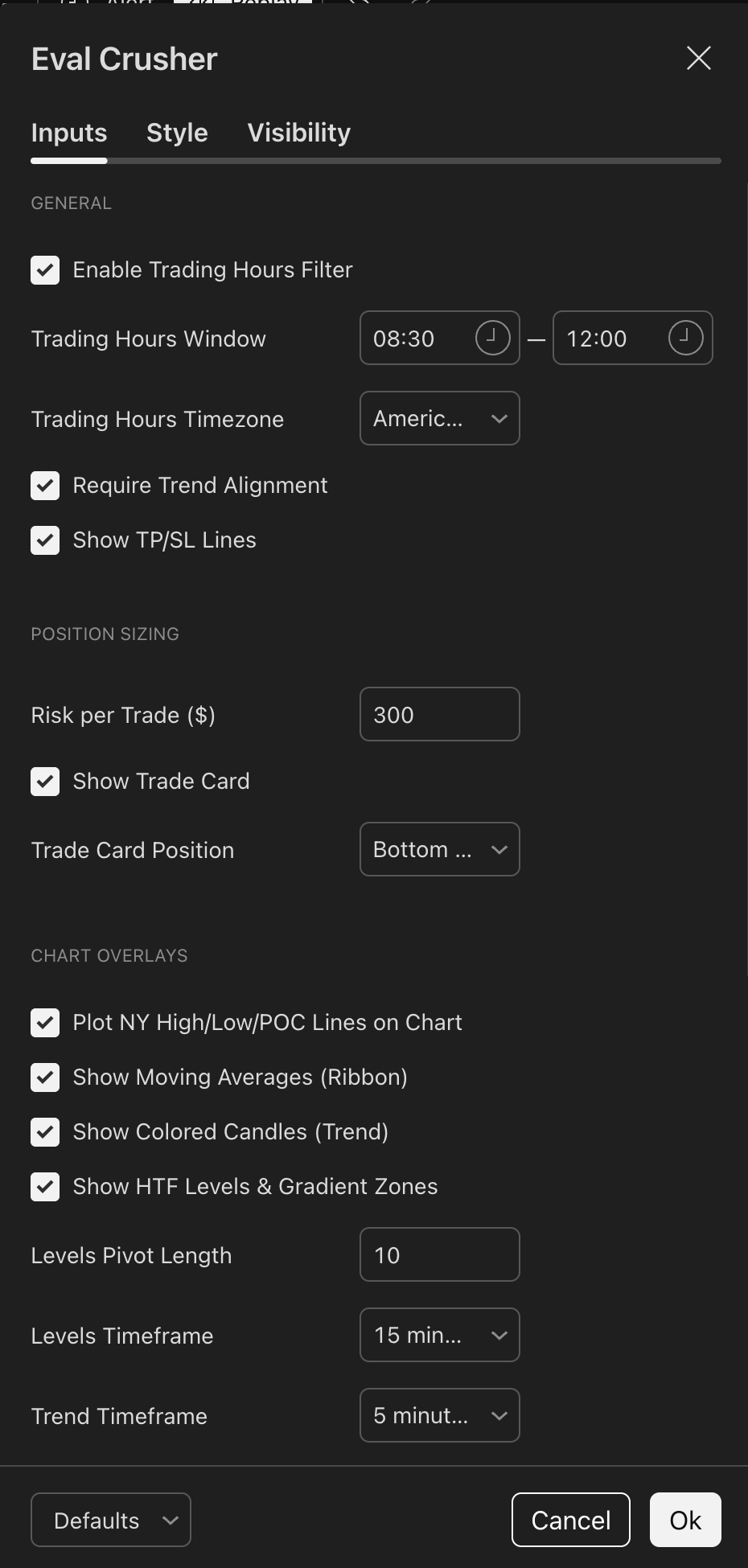 Eval Crusher TradingView inputs: ribbon, colored candles, and HTF levels
